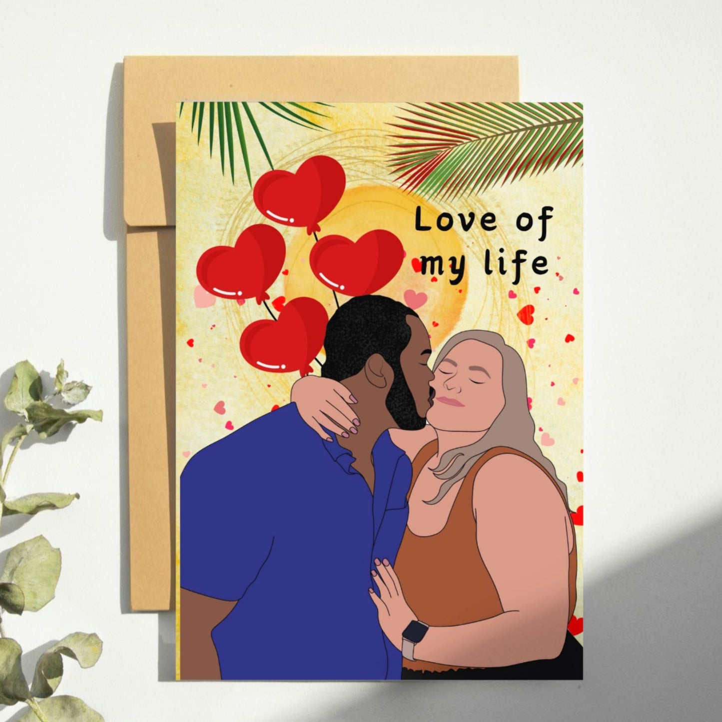 Interracial couple Valentines Day Anniversary Card. Black man white woman