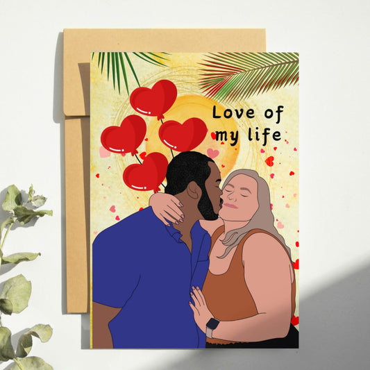 Interracial couple Valentines Day Anniversary Card.  Black man white woman