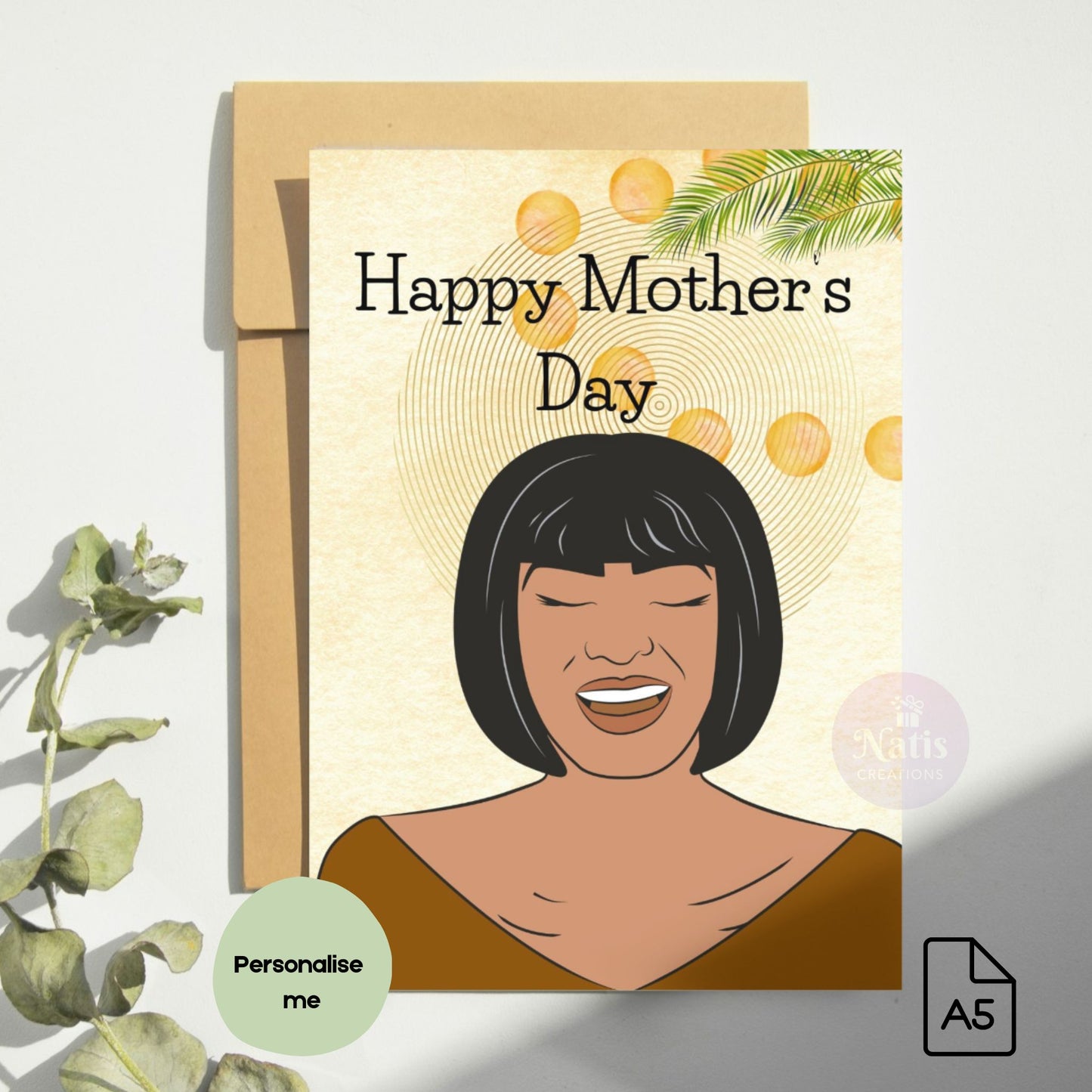 Black Woman Mother's Day card with illustration of a woman and 'Happy Mother's Day' text, surrounded by eucalyptus leaves.