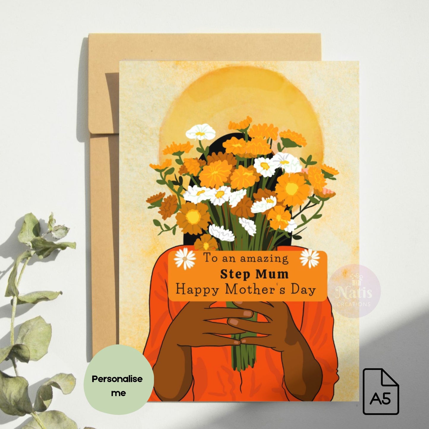 Afrocentric Step Mum Mother’s Day card featuring a Black woman holding flowers, symbolising love, gratitude, and appreciation for a special bonus mum.