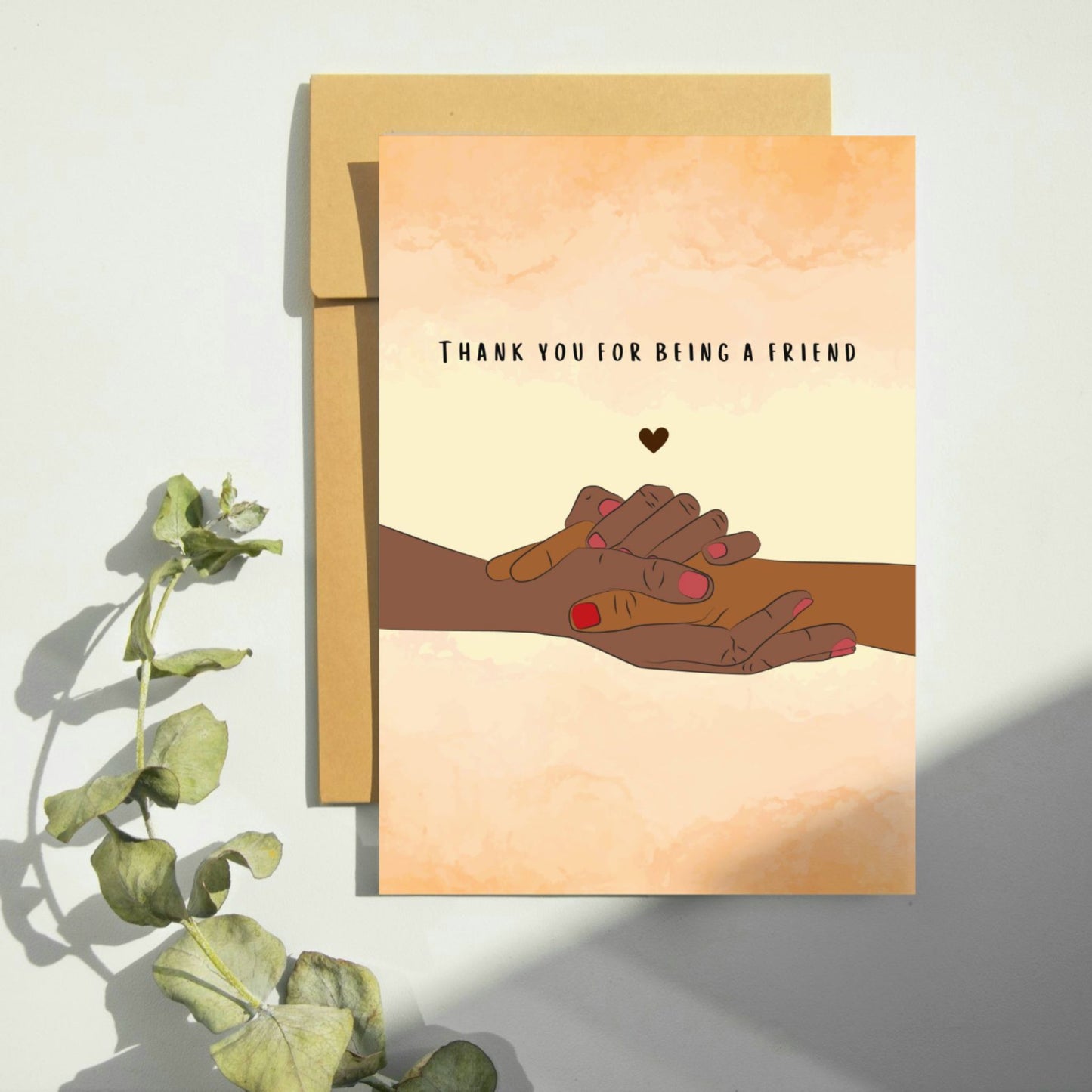 Thank you for being a friend Friendship card. Image of two hands comforting each other. Perfect as a thank you card, bereavement, and funeral
