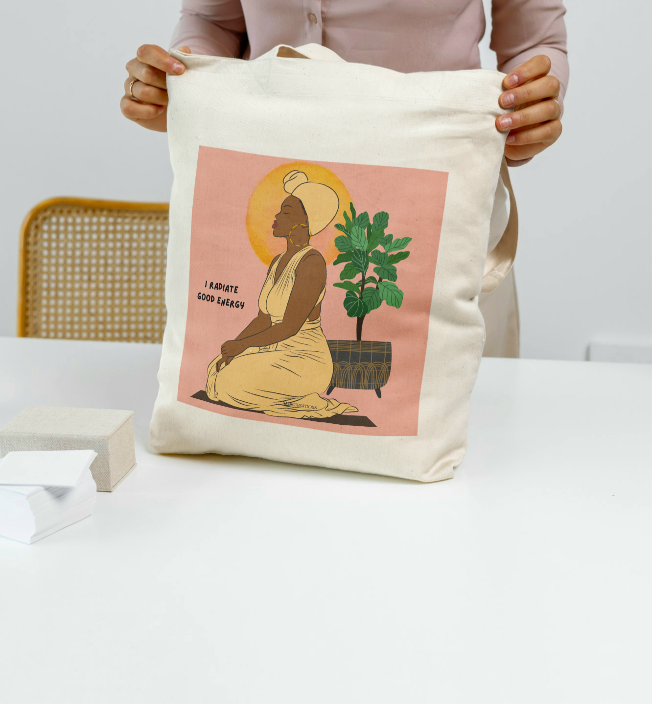 Meditating black woman natural cotton tote bag