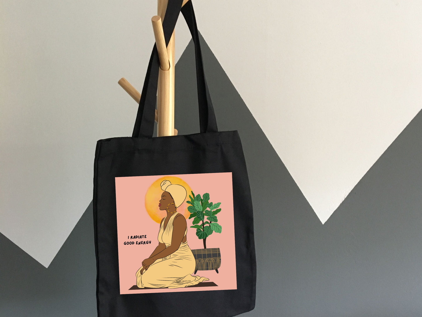 Meditating black woman black cotton tote bag