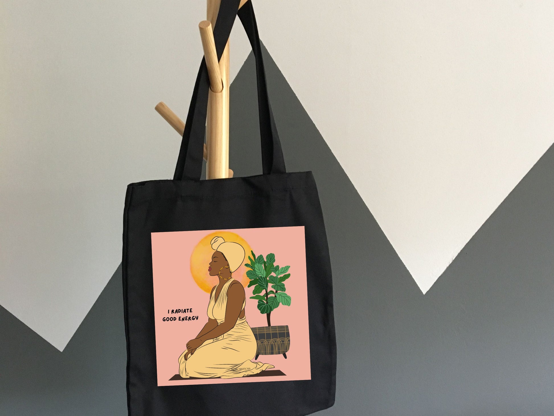 Meditating black woman black cotton tote bag