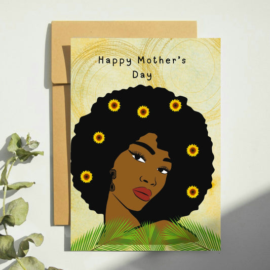 Sunflowers & Soul: Black Mother's Day Card with Afro Illustration