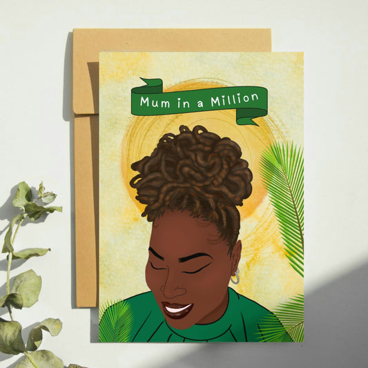 Mum in a million greeting card featuring a black woman with locs