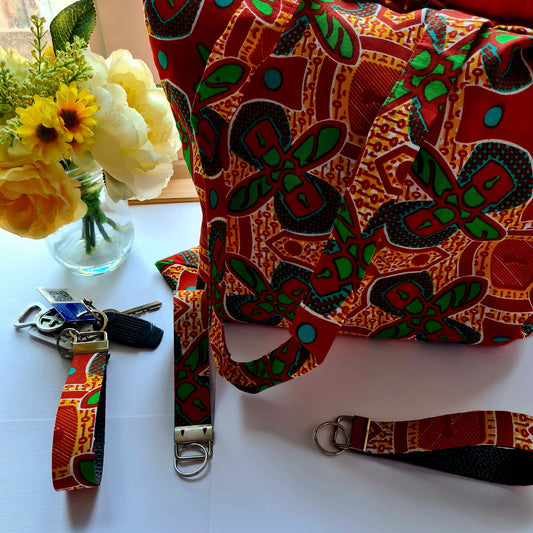 Red African Fabric Print Tote Bag