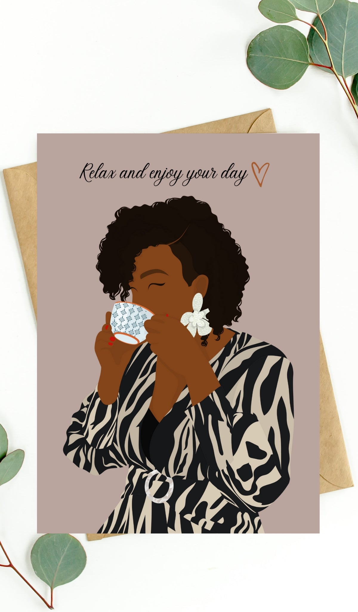 Black girl drinking tea birthday card