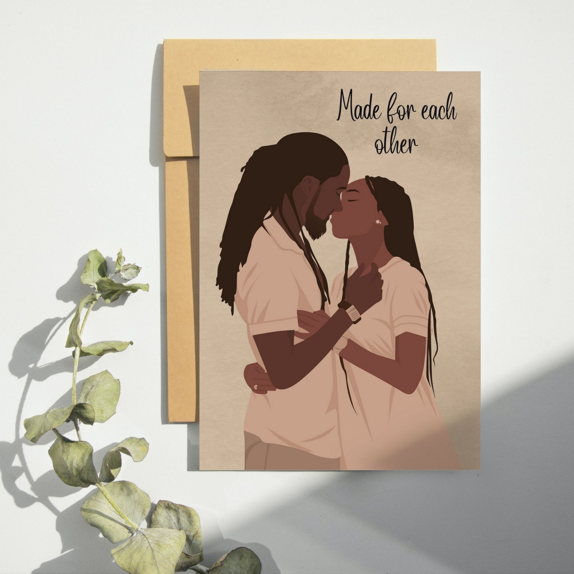 Young kissing black couple card