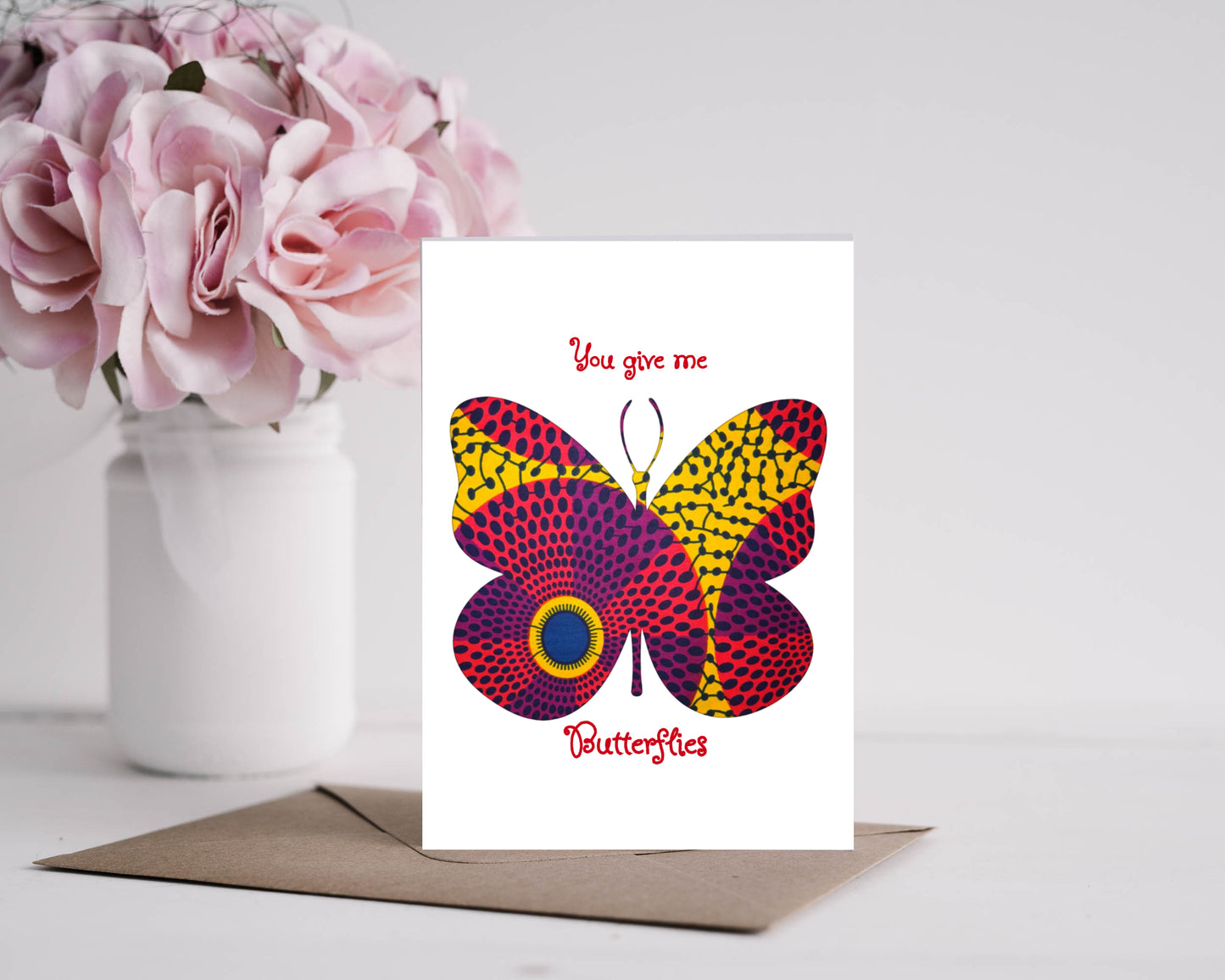 Valentine Greetings Card Red African Print, Ankara Print, Butterfly, Love, Boyfriend, Girlfriend, Anniversary, Couple - Valentines/Love