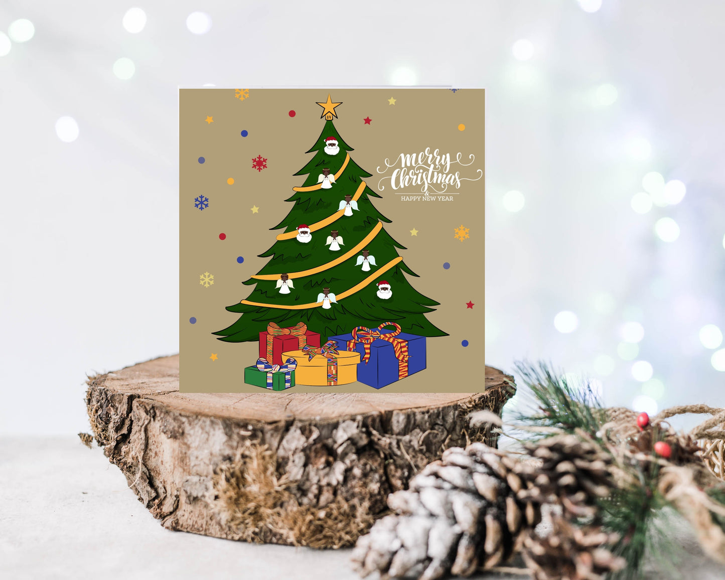 Christmas Card with Black Santa and Angels Ornaments- Christmas Shop