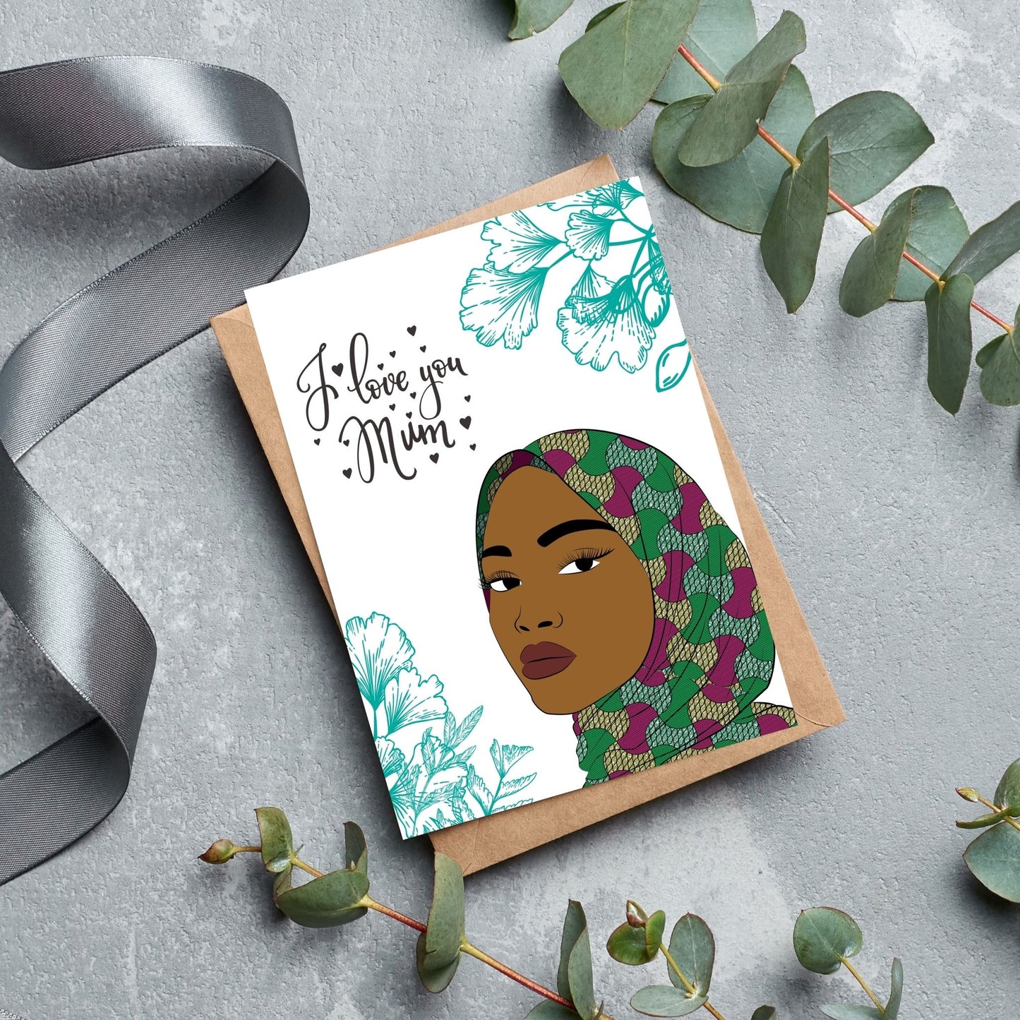 I Love Your Mum. Black Muslim Mum in Hijab African Print - Cards for Women