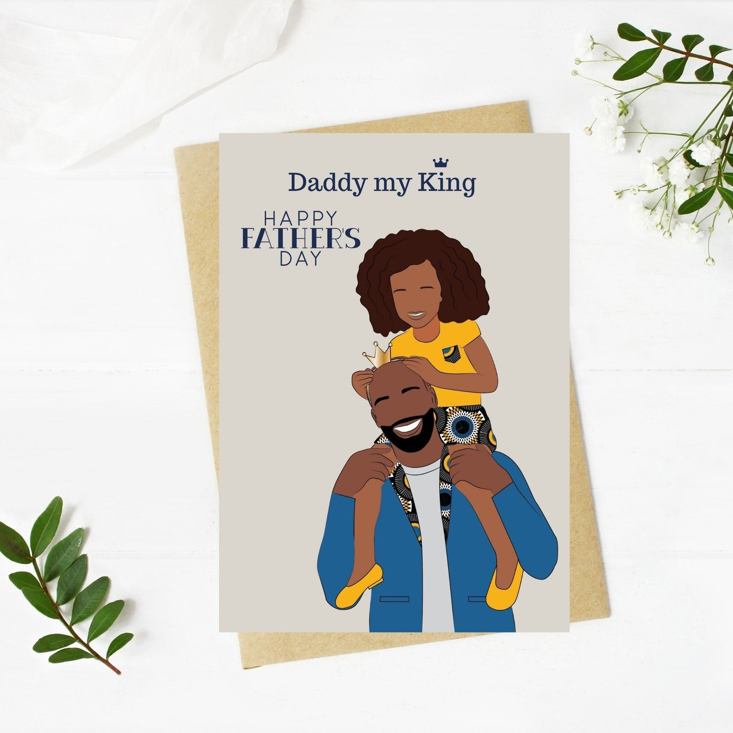 black baldered dad with daughter fathers day card