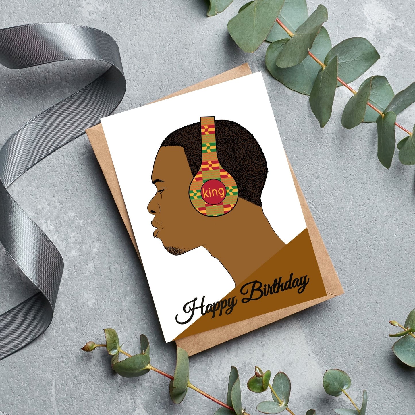 Happy Birthday King. Black Man with headphone. Cards for Men