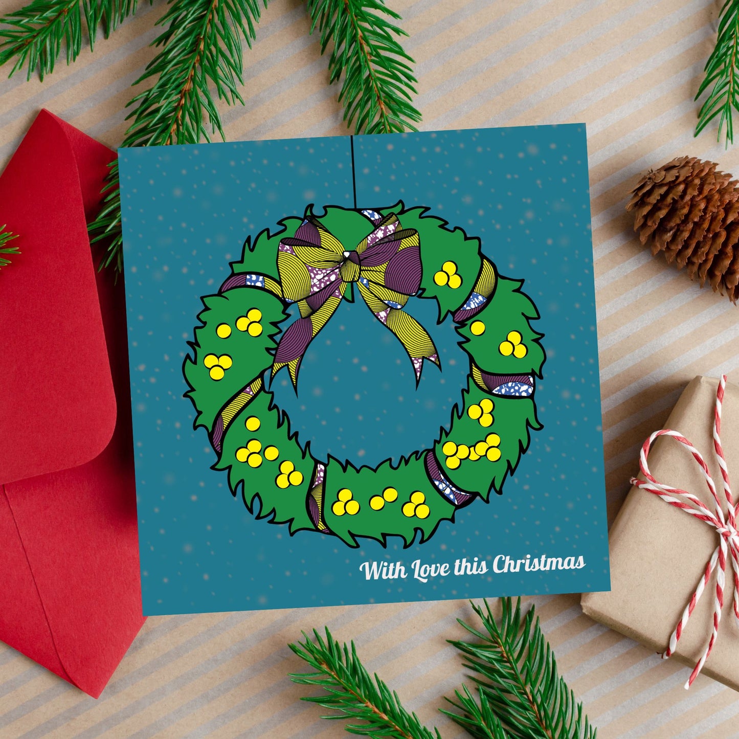 With Love This Christmas Wreath Card, African Print Wax Inspired - Christmas Shop