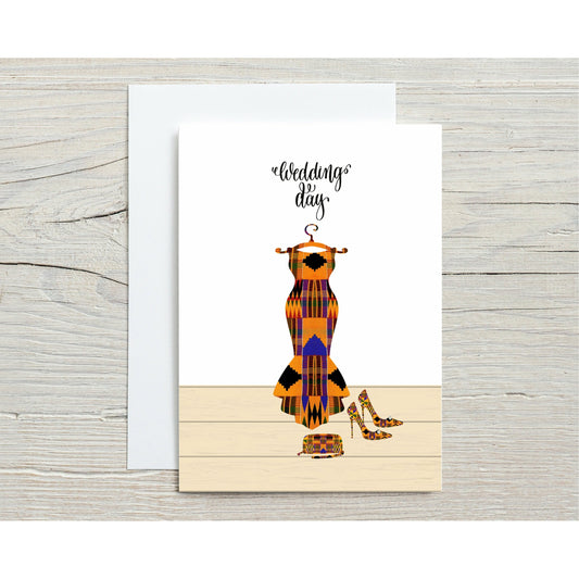 Kente African Print Inspired Wedding Dress Card- Decorated in Crystals - Cards for Weddings