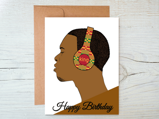 Happy Birthday King. Black Man with headphone. Cards for Men