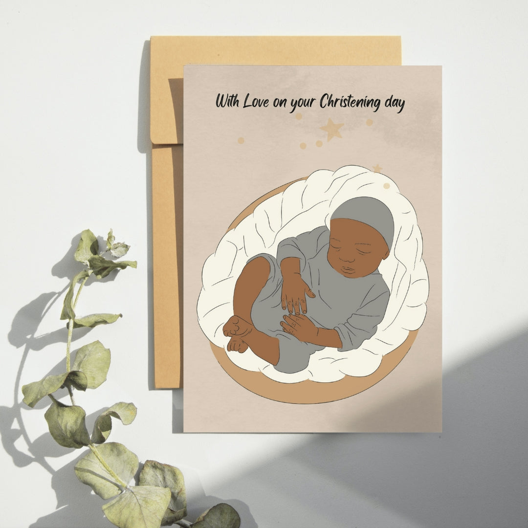 Black baby christening card