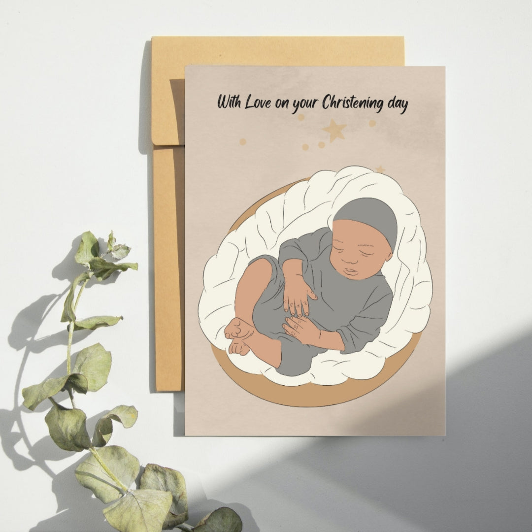 Black mixed raced christening card
