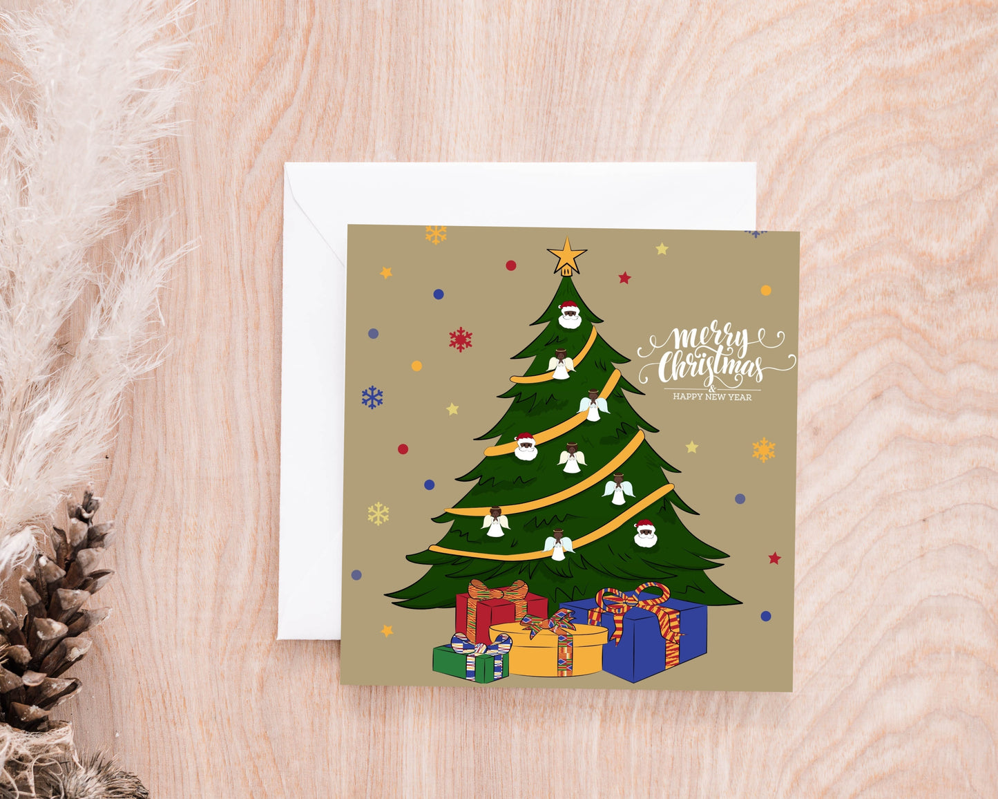 Christmas Card with Black Santa and Angels Ornaments- Christmas Shop