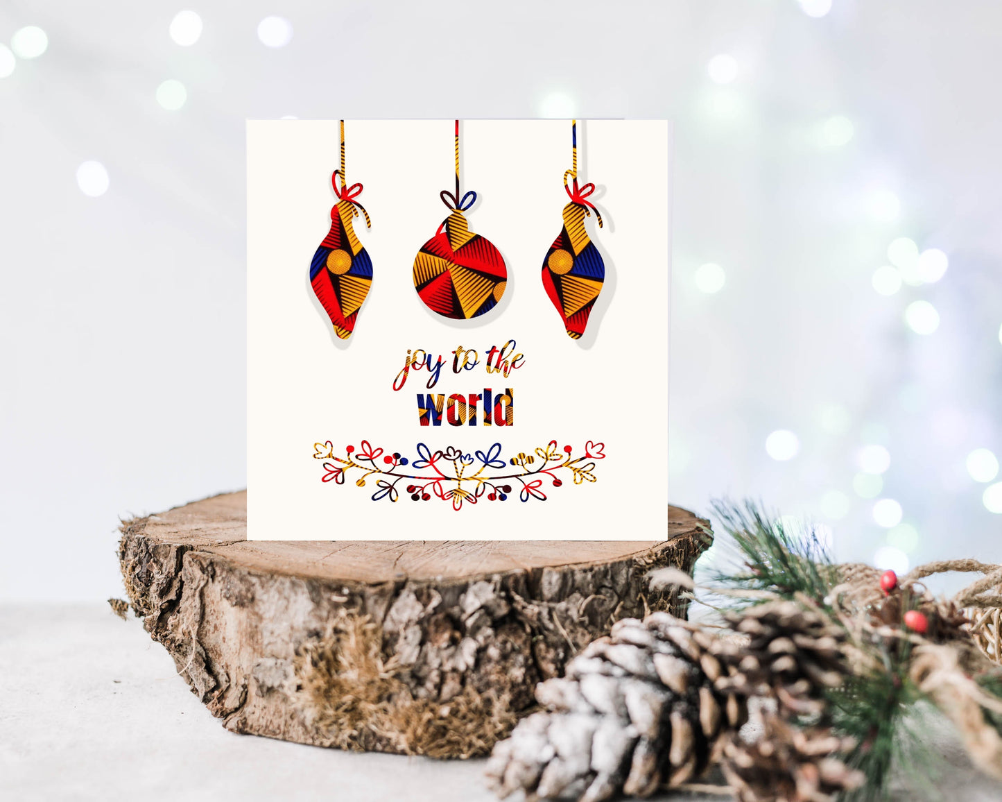 Joy To The World Christmas Card in African Print Wax Design, Ankara Print Baubles - Christmas Shop