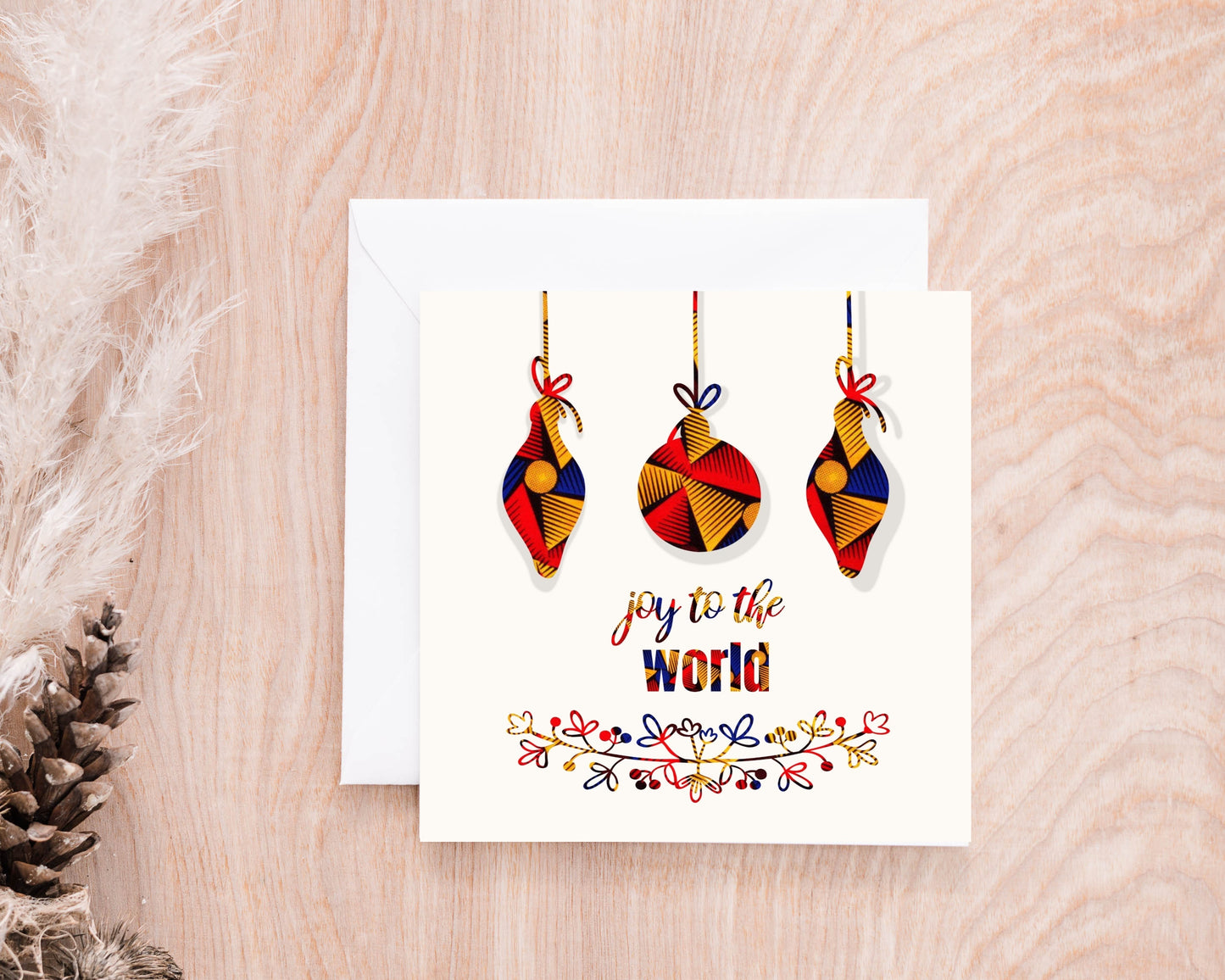 Joy To The World Christmas Card in African Print Wax Design, Ankara Print Baubles - Christmas Shop