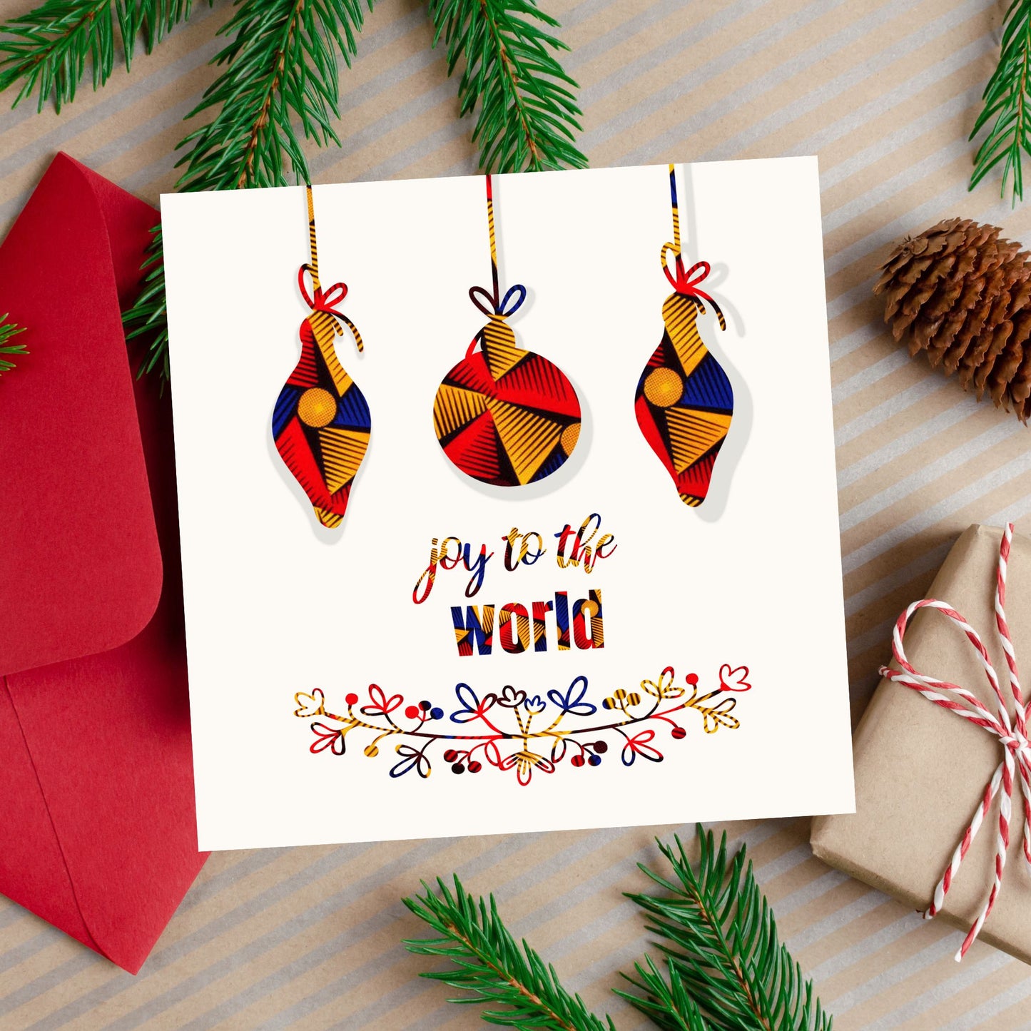 Joy To The World Christmas Card in African Print Wax Design, Ankara Print Baubles - Christmas Shop